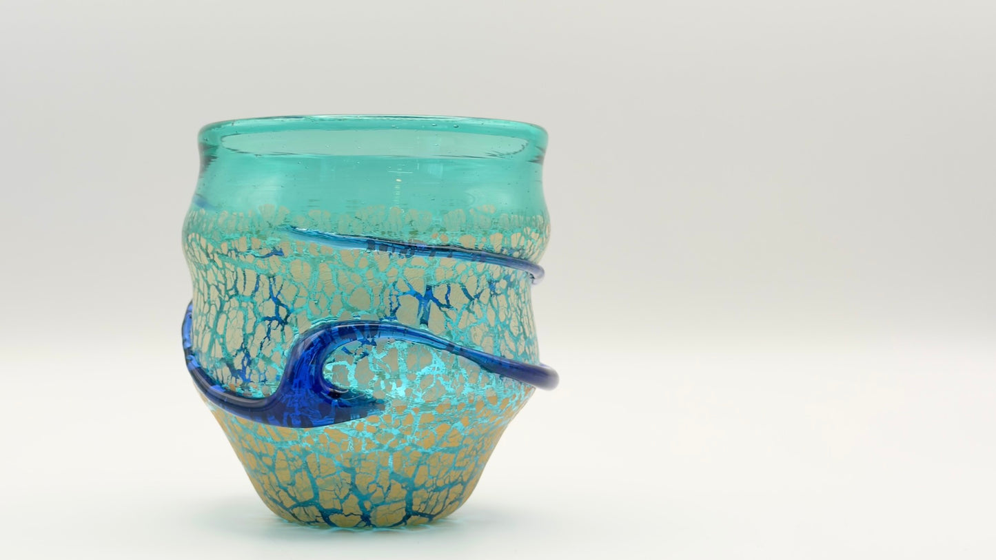 Ryukyu Glass Cup – Domon Earth Crackle with Cobalt Ribbon by Niji Glass Studio (022-NJ)