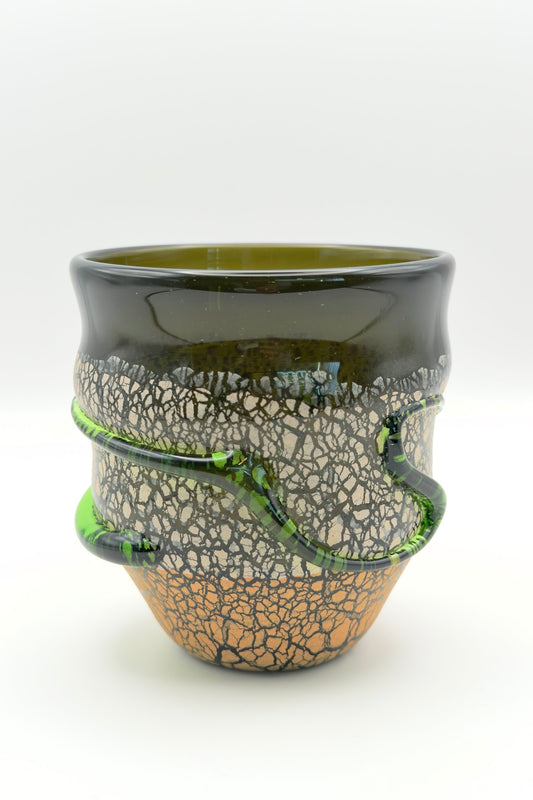 Ryukyu Glass Cup – Tsuchinomon (Earth Pattern) in Moss Green by Seiichirou Inamine (024-NJ)