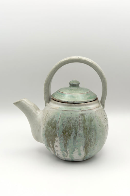 Yachimun Teapot (Chuukaa) – Stone-Glazed Gray & Teal with Moss-Green Lid by Masahito Date (013-JN)