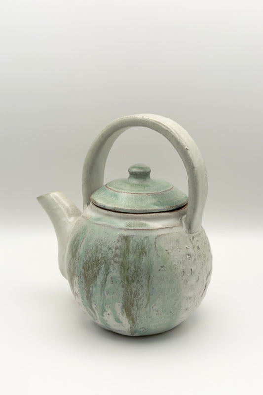 Yachimun Teapot (Chuukaa) – Stone-Glazed Gray & Teal with Moss-Green Lid by Masahito Date (013-JN)