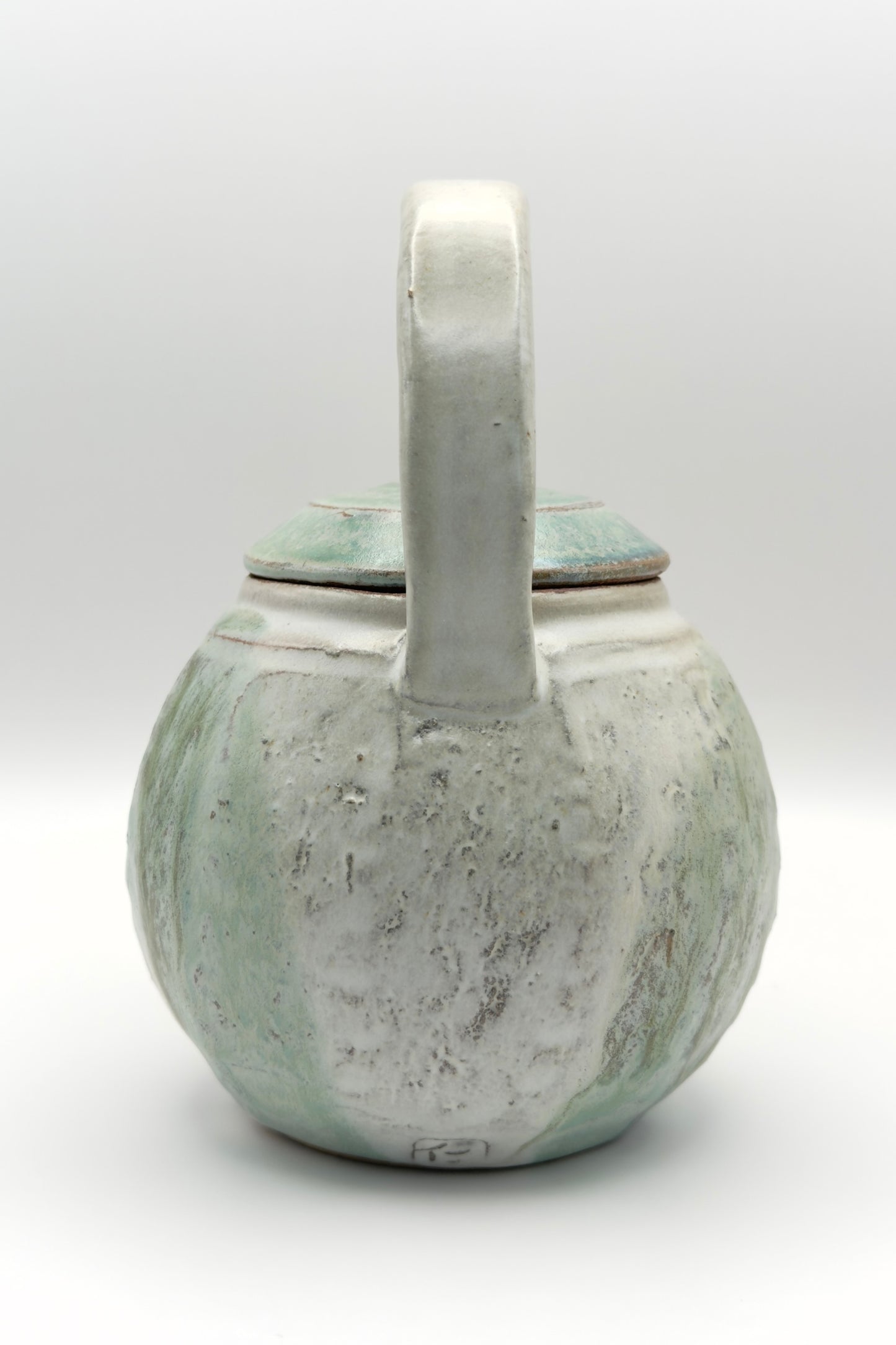Yachimun Teapot (Chuukaa) – Stone-Glazed Gray & Teal with Moss-Green Lid by Masahito Date (013-JN)