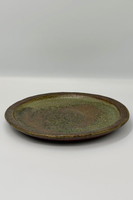 Yachimun Plate – Sage Green & Rust Glaze with Rock-Textured Rim by Paul Lorimer (019-PL)