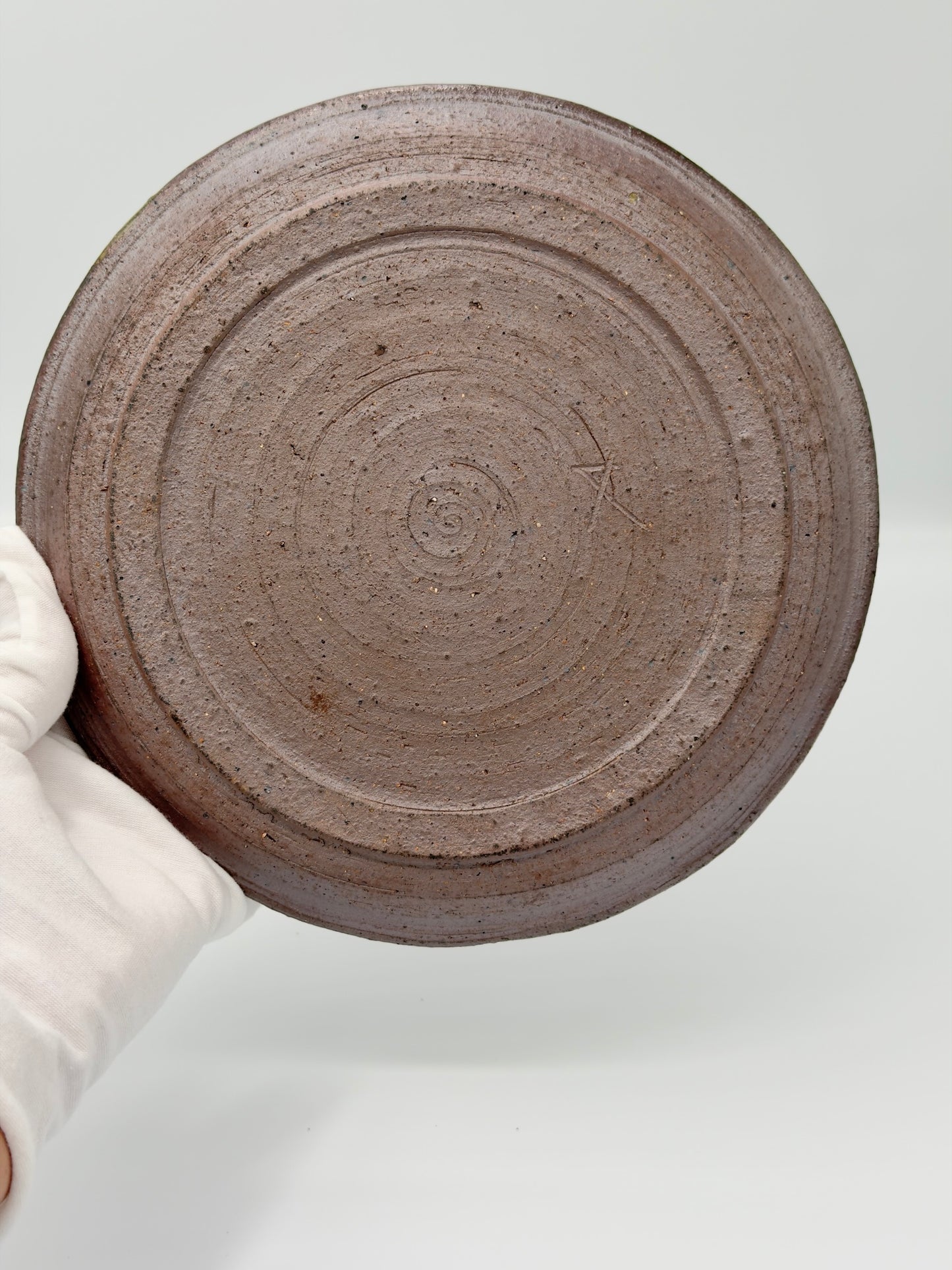 Yachimun Plate – Sage Green & Rust Glaze with Rock-Textured Rim by Paul Lorimer (019-PL)