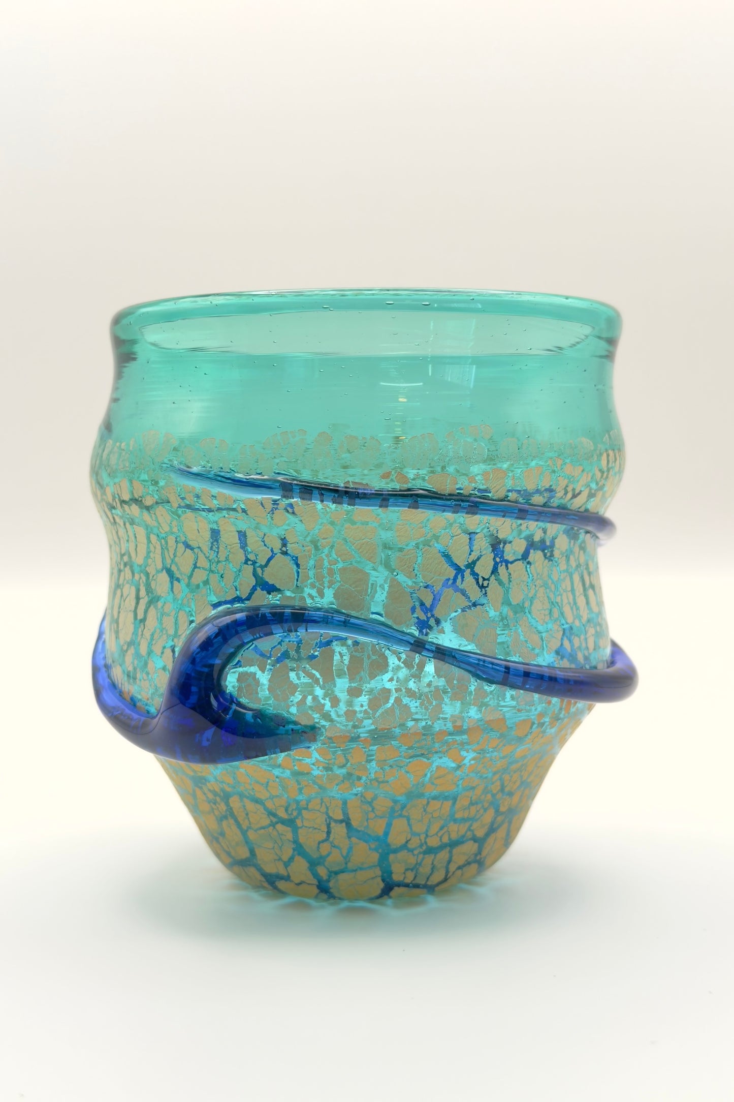 Ryukyu Glass Cup – Domon Earth Crackle with Cobalt Ribbon by Niji Glass Studio (022-NJ)