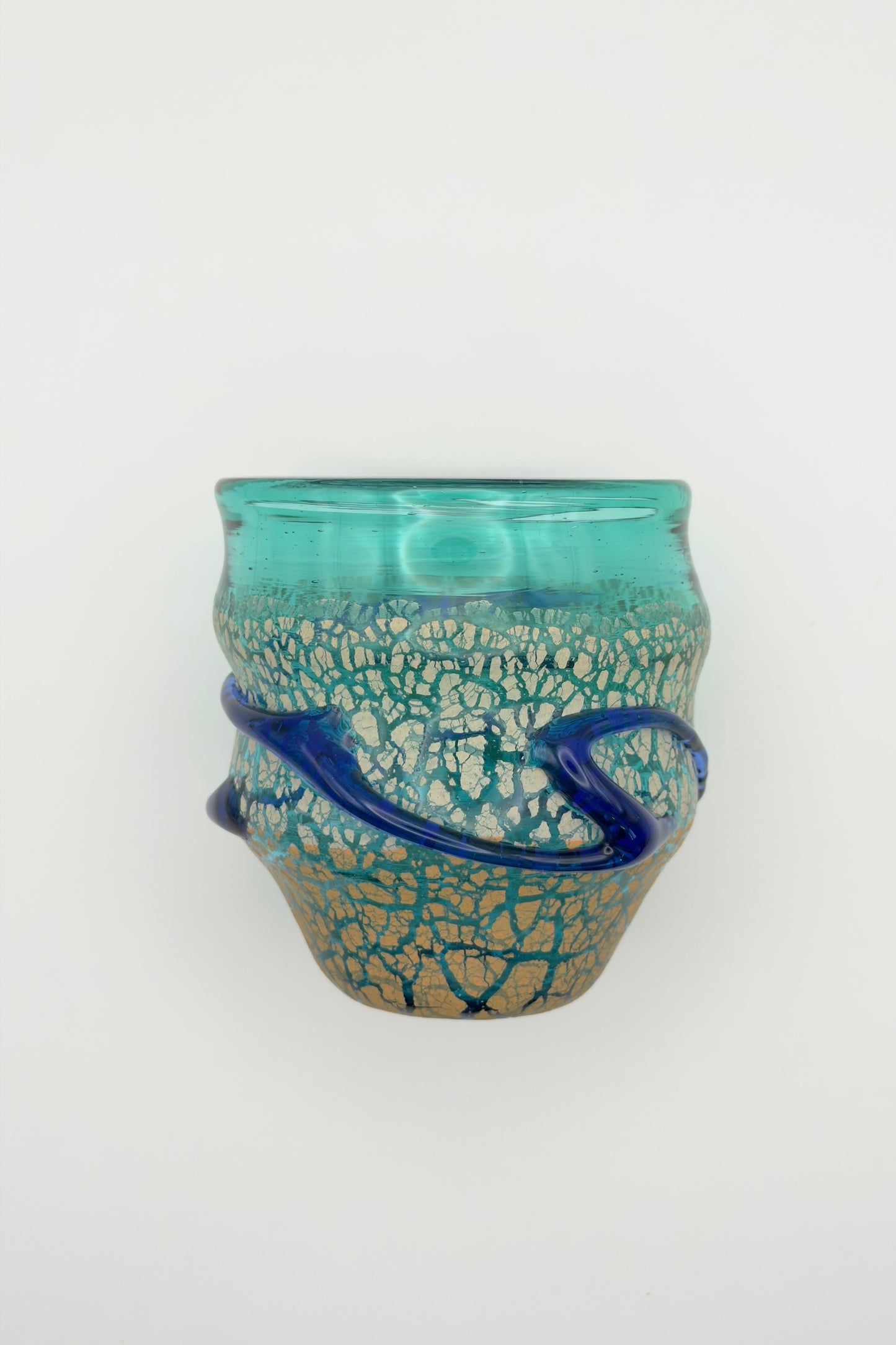 Ryukyu Glass Cup – Domon Earth Crackle with Cobalt Ribbon by Niji Glass Studio (022-NJ)
