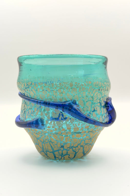 Ryukyu Glass Cup – Domon Earth Crackle with Cobalt Ribbon by Niji Glass Studio (022-NJ)