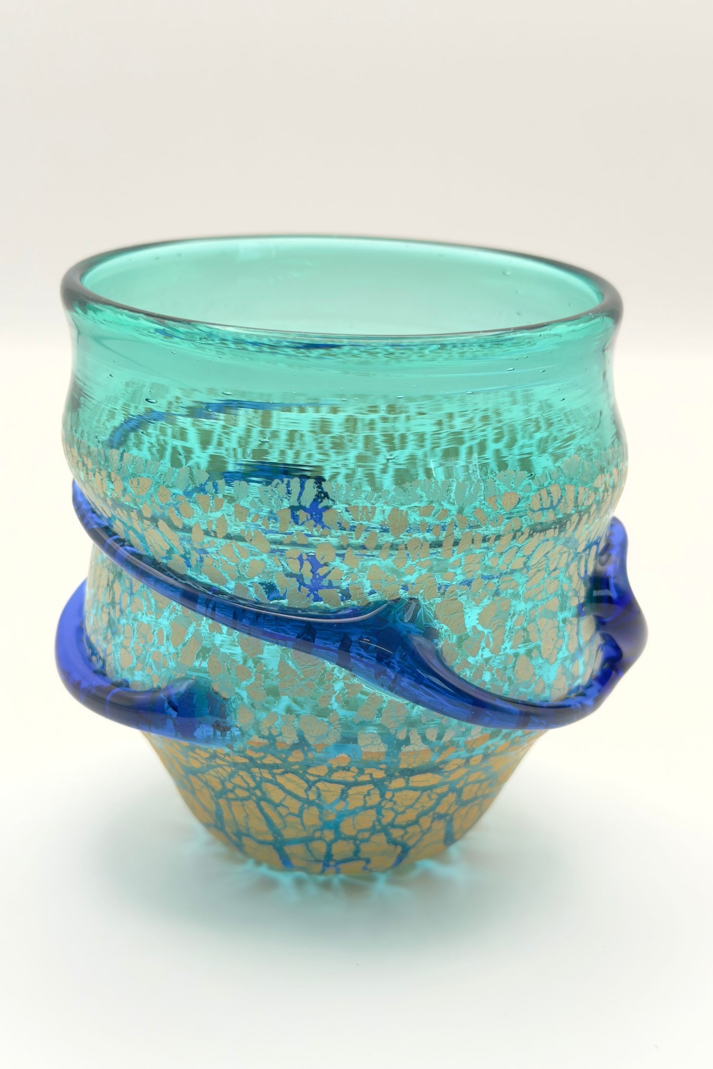 Ryukyu Glass Cup – Domon Earth Crackle with Cobalt Ribbon by Niji Glass Studio (022-NJ)