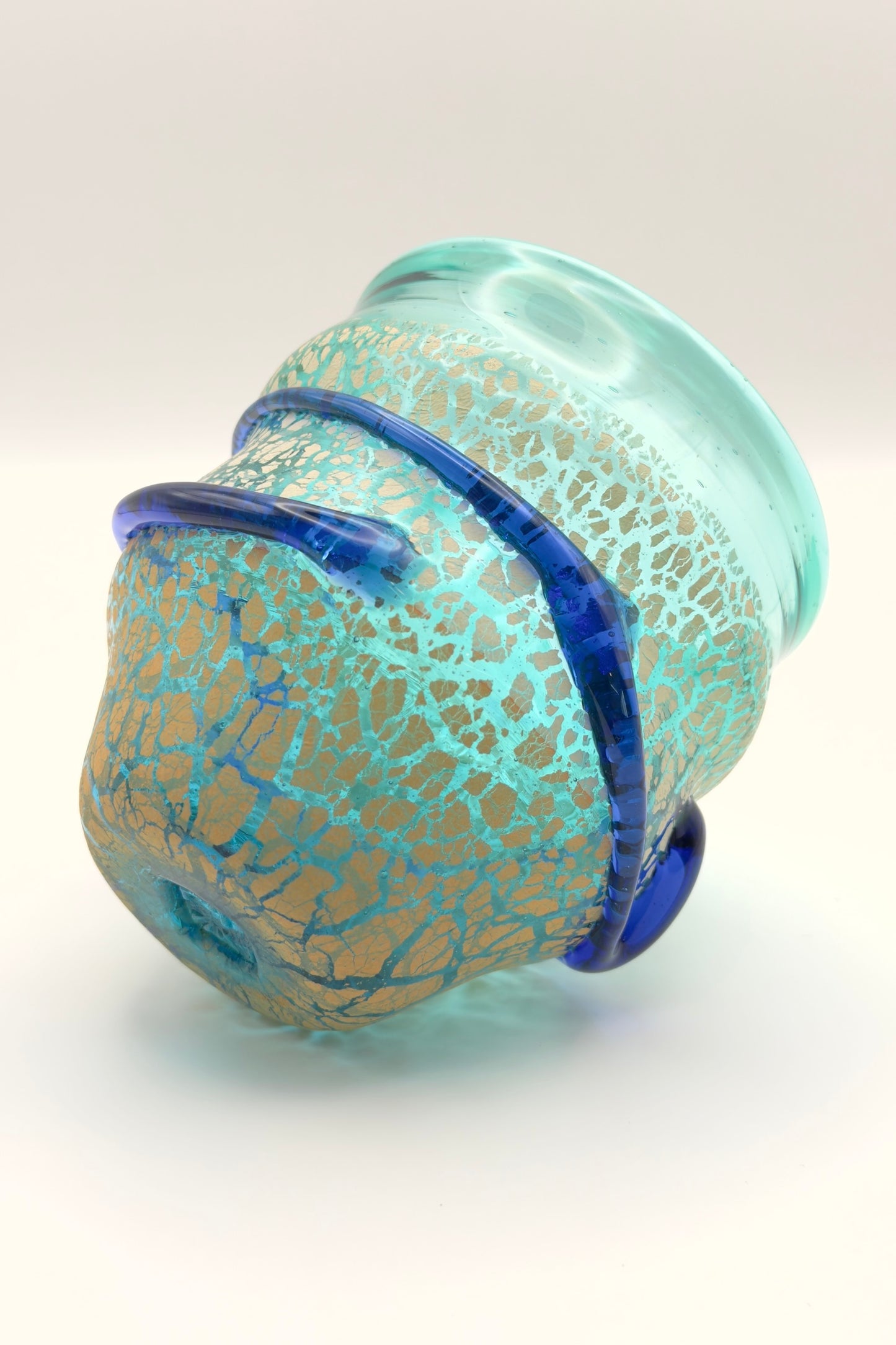 Ryukyu Glass Cup – Domon Earth Crackle with Cobalt Ribbon by Niji Glass Studio (022-NJ)
