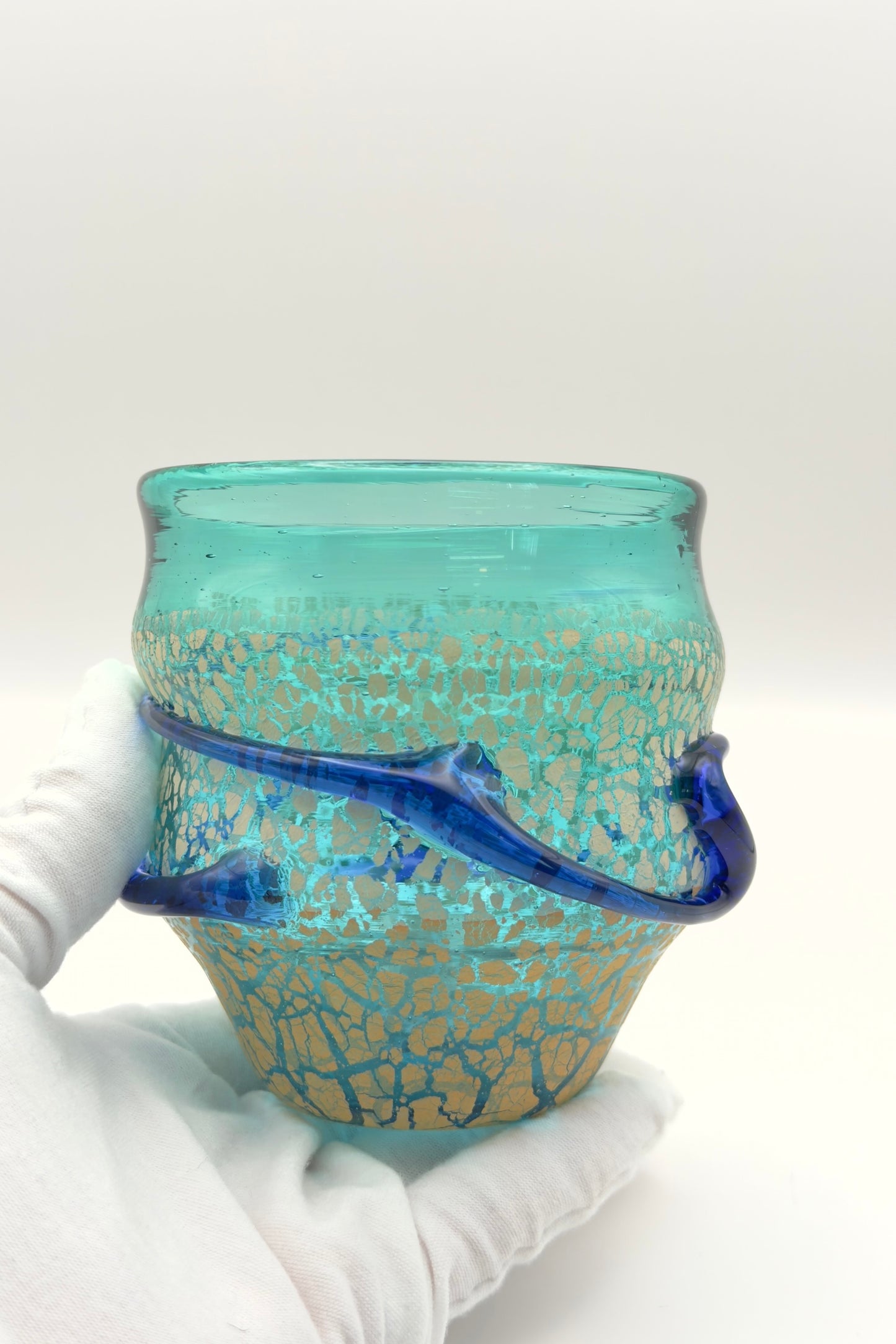 Ryukyu Glass Cup – Domon Earth Crackle with Cobalt Ribbon by Niji Glass Studio (022-NJ)