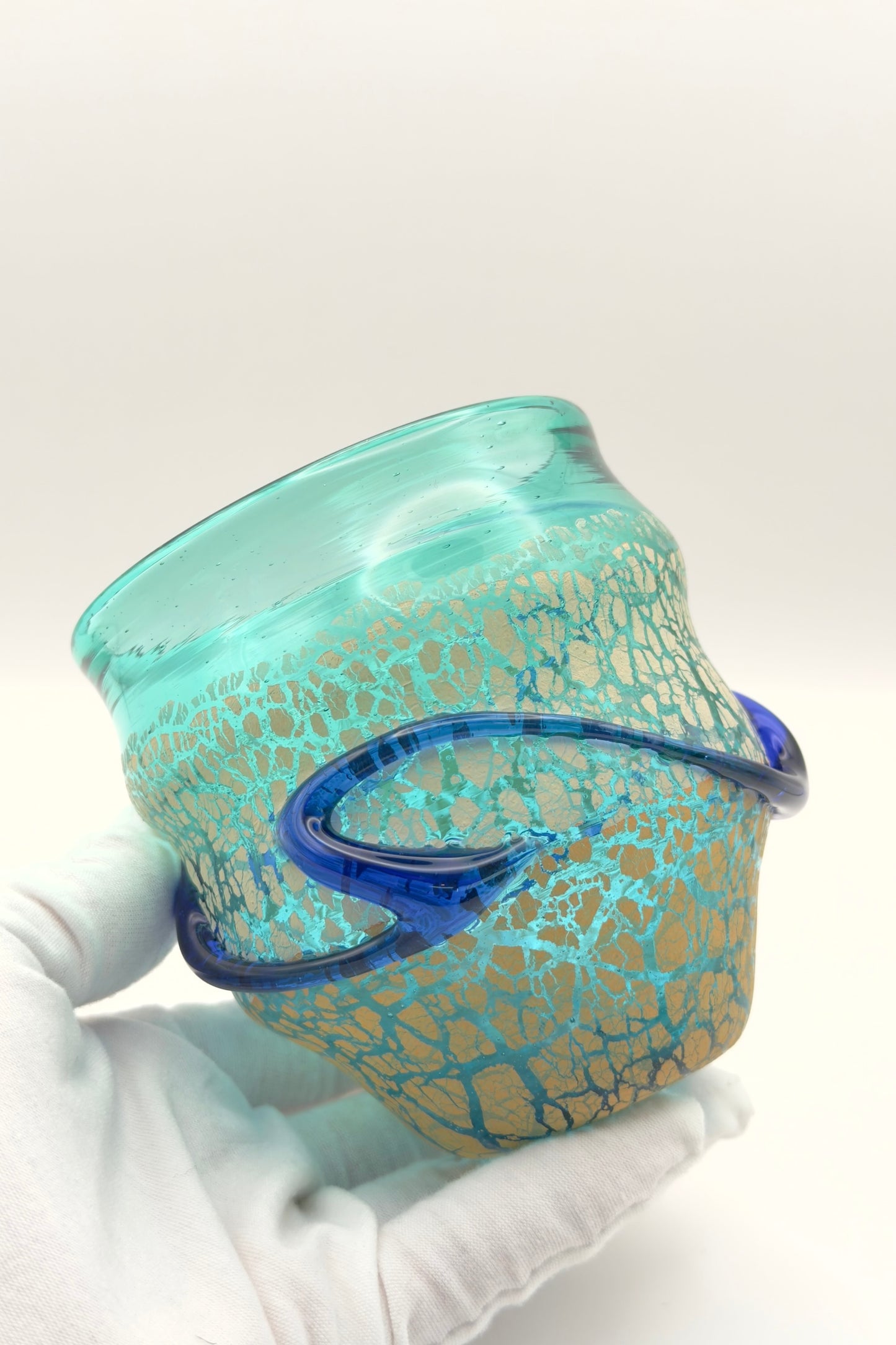 Ryukyu Glass Cup – Domon Earth Crackle with Cobalt Ribbon by Niji Glass Studio (022-NJ)