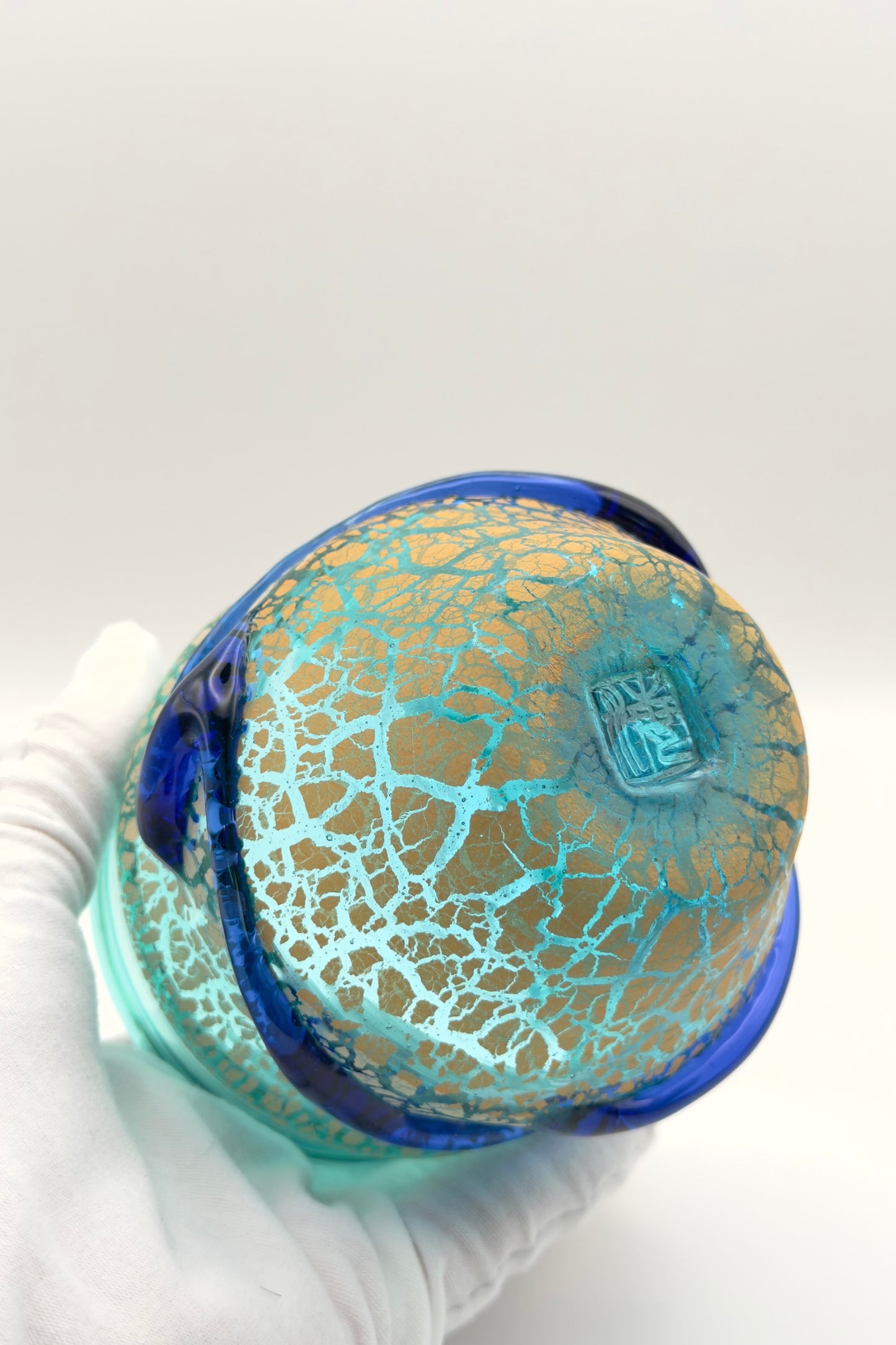 Ryukyu Glass Cup – Domon Earth Crackle with Cobalt Ribbon by Niji Glass Studio (022-NJ)