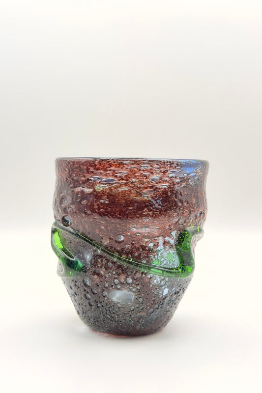 Ryukyu Glass Cup – Awa (Bubble Glass) in Deep Purple with Green Sea-Coil by Seiichirou Inamine (023-NJ)