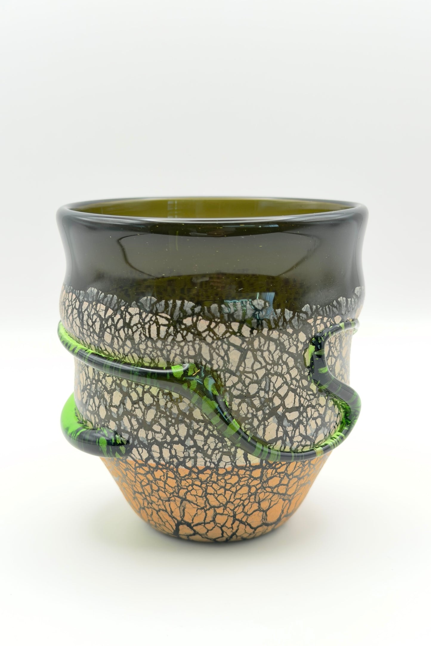Ryukyu Glass Cup – Tsuchinomon (Earth Pattern) in Moss Green by Seiichirou Inamine (024-NJ)