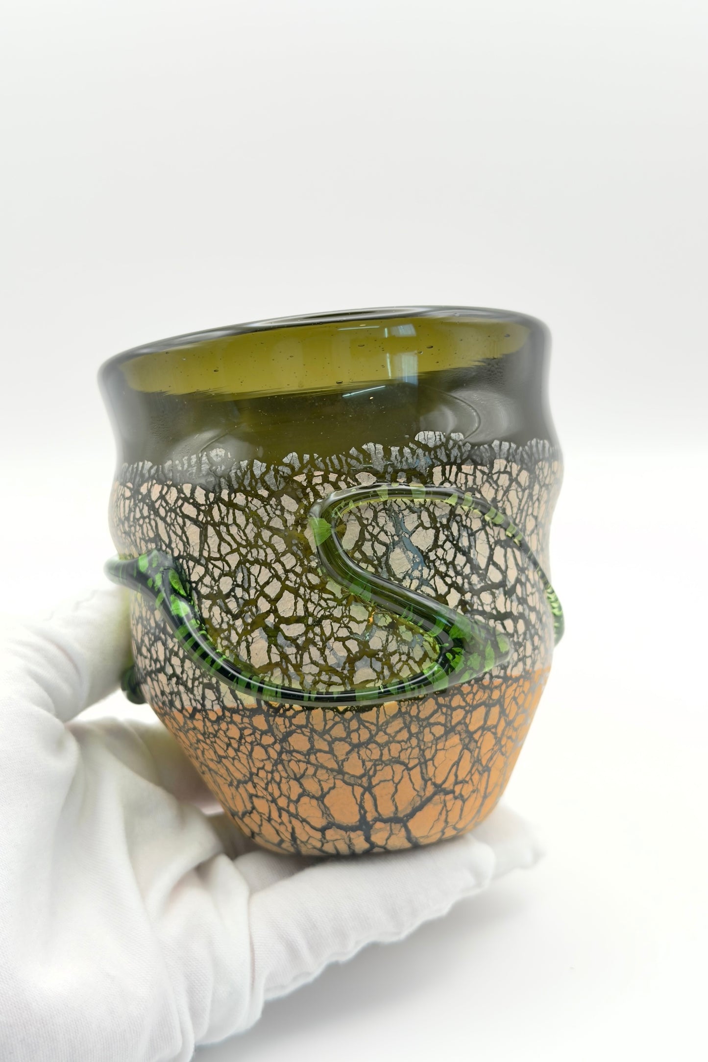 Ryukyu Glass Cup – Tsuchinomon (Earth Pattern) in Moss Green by Seiichirou Inamine (024-NJ)